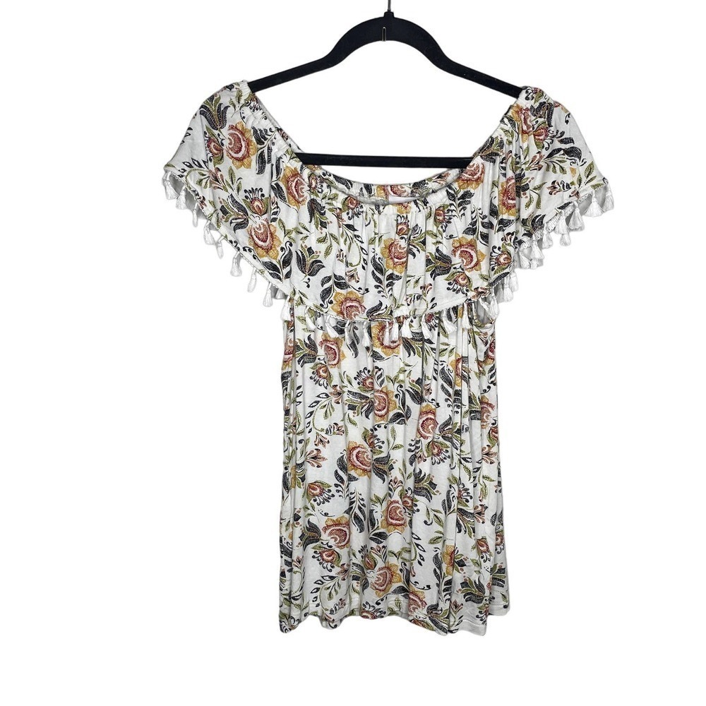 Fever White Floral Short Sleeve Lightweight Off the Shoulder Top Shirt Sz Large